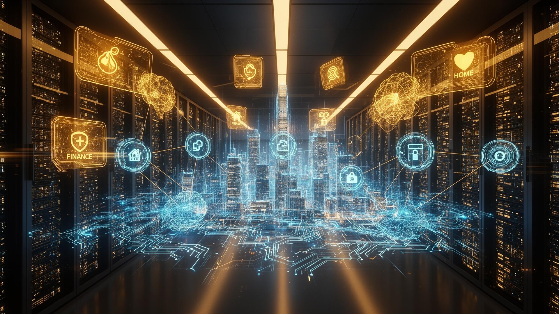 KureOS AI infrastructure - holographic data center with interconnected neural networks connecting Home, Health, and Finance pillars