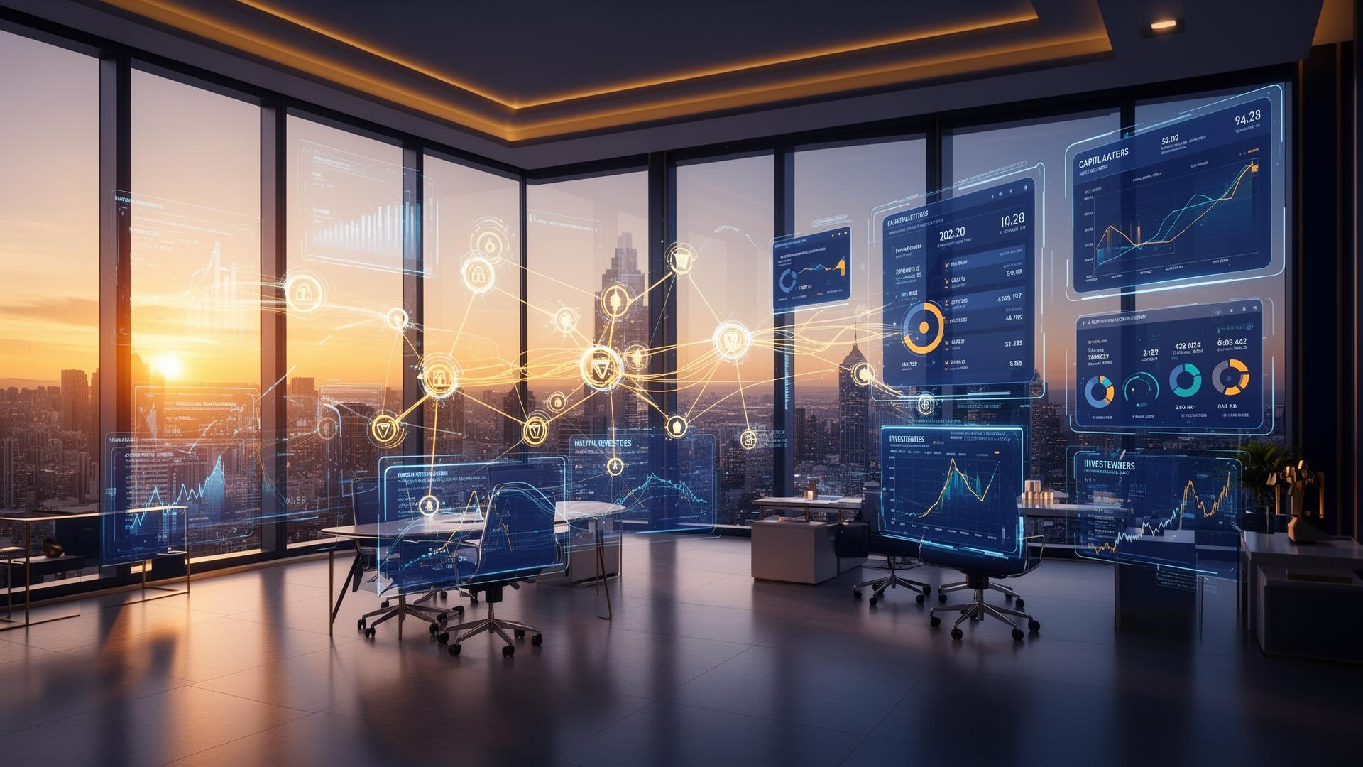 Capital ecosystem visualization - modern investment office with holographic portfolio dashboards and interconnected capital flow networks