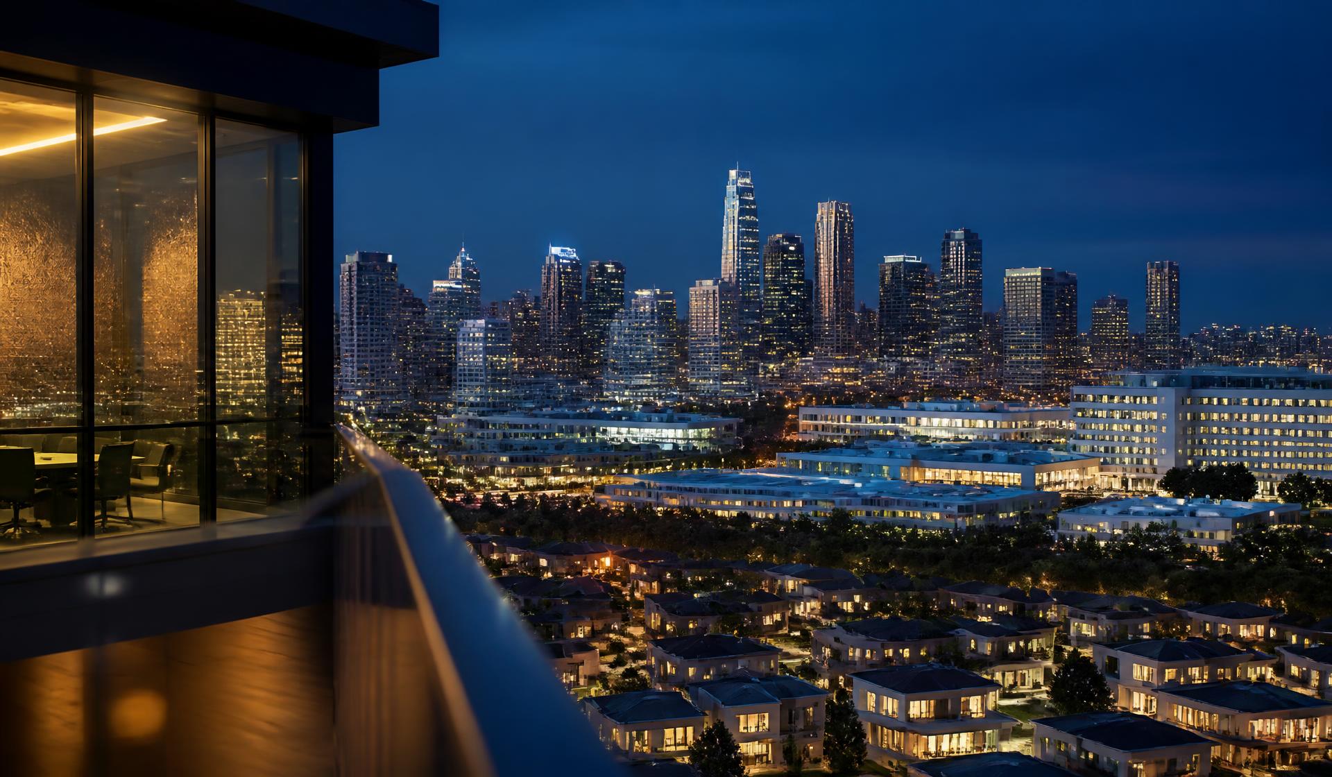 City skyline at blue hour viewed from a boardroom terrace, with new homes, a medical campus and technology buildings lit below