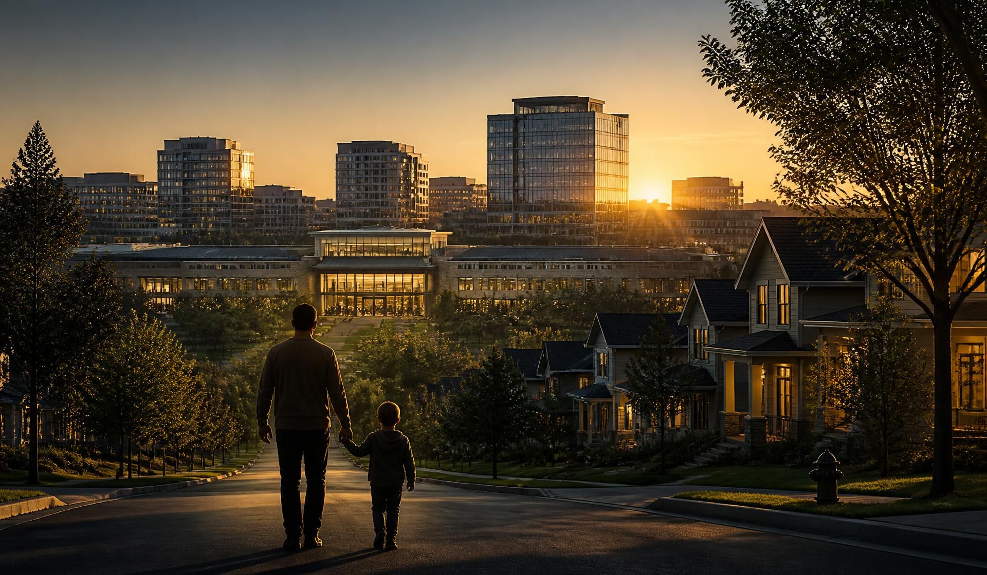 A father and child walking a tree-lined street at sunrise, with newly built homes, a lit medical campus and office towers beyond