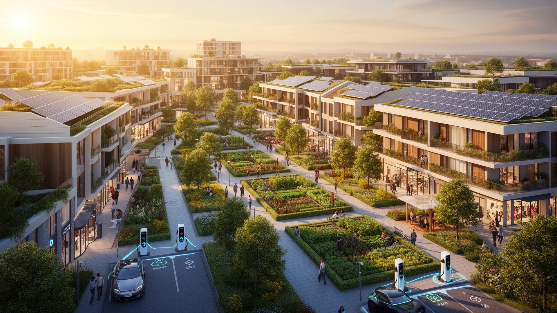SMART Communities vision - sustainable mixed-use development with solar panels, community gardens, EV charging, and pedestrian-friendly design