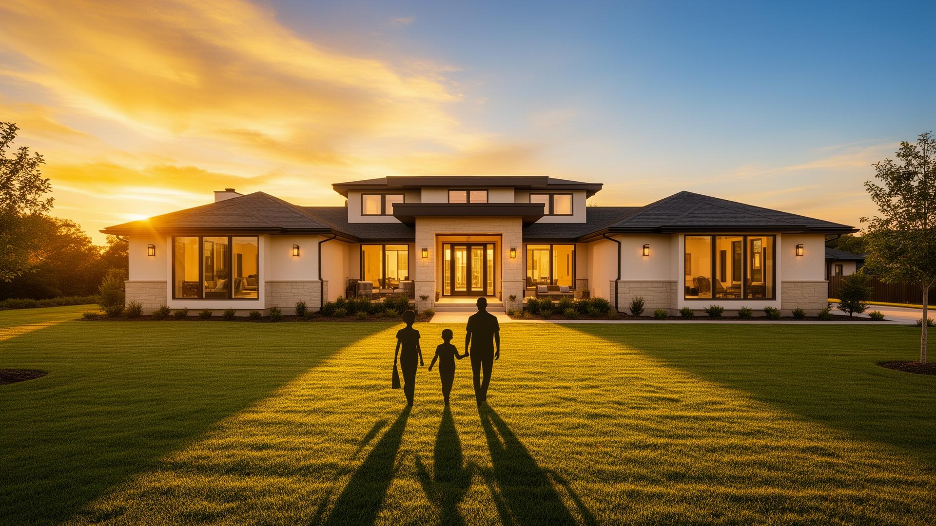 Family walking toward their dream home at sunset