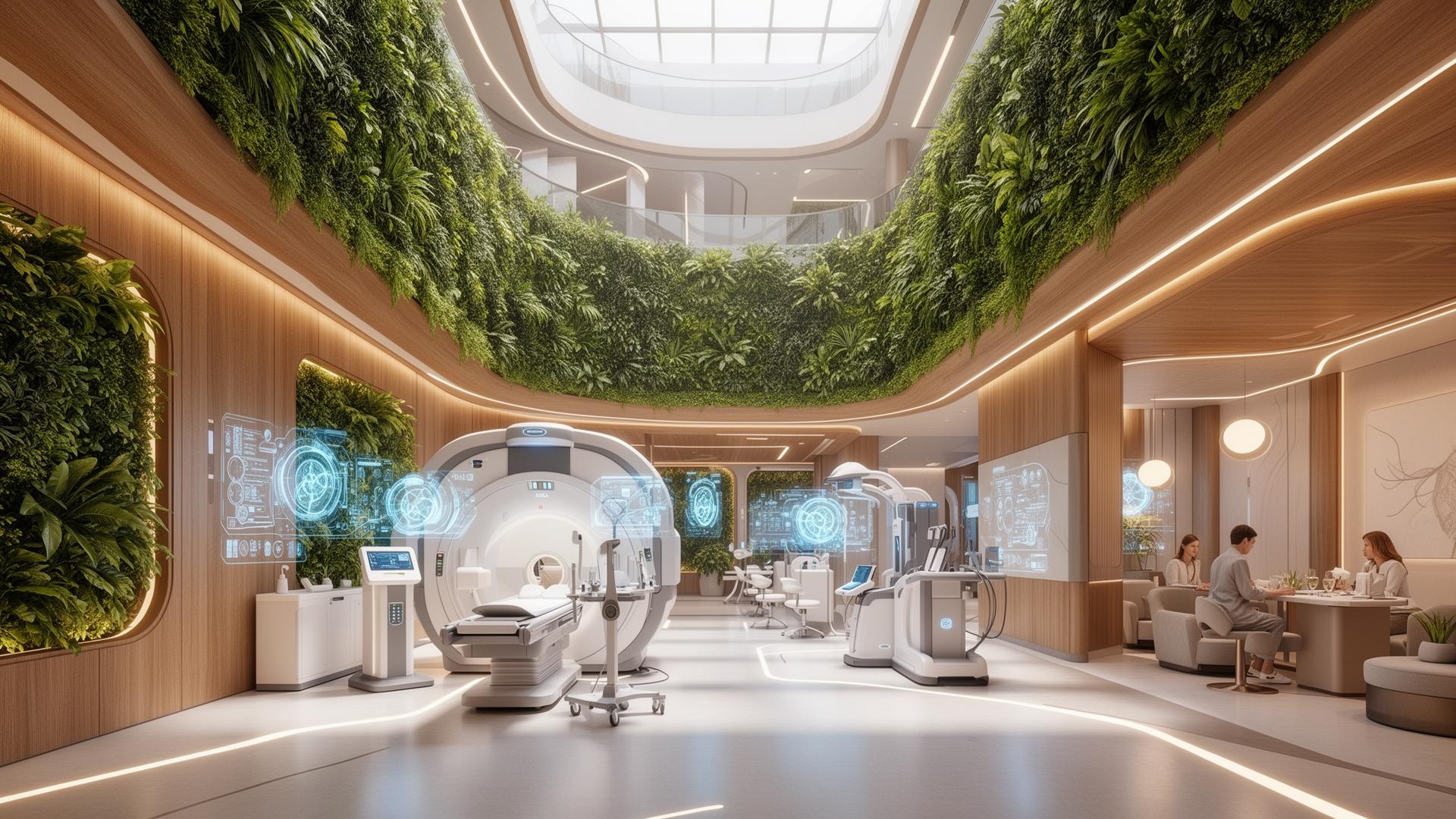 Next-generation wellness facility - biophilic design with living walls, advanced diagnostics, and spa-like patient experience